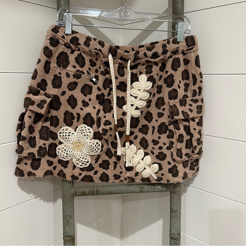 NEW POL 48 hr special : Brown Leopard Print Skirt with Floral Accents